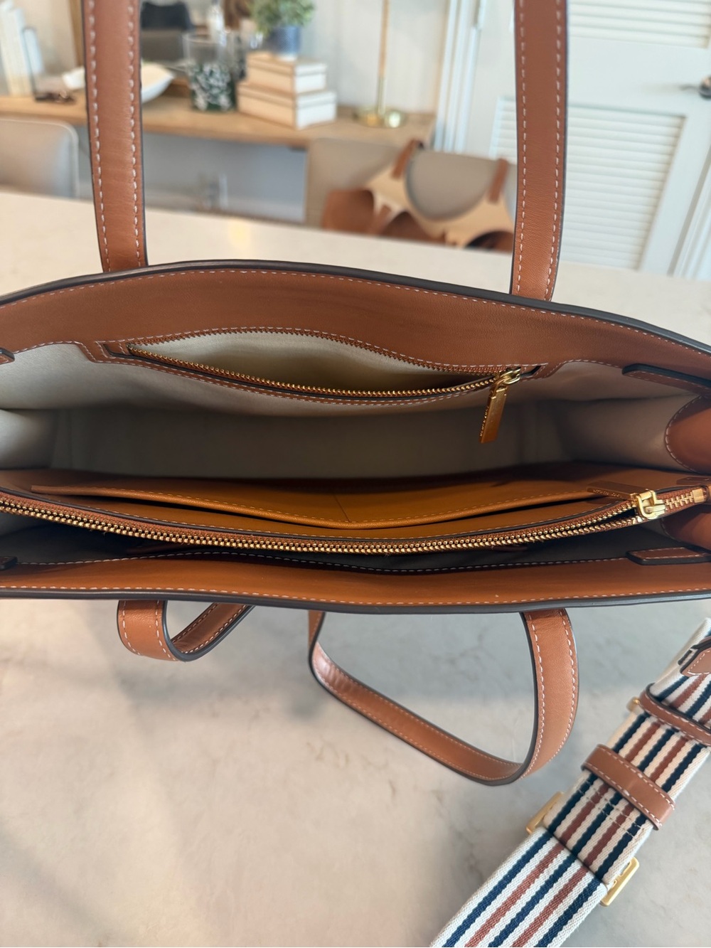 Tory Burch Neutral Canvas Tote with Tan Leather Trim and Striped Strap - Picture 8 of 16